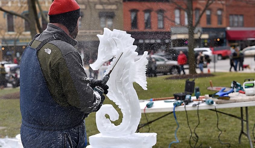 Ice Carving Festival in downtown Medina, ice carving a seahorse