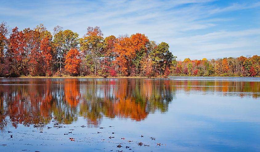 Lake Little Brittle in Warrenton, VA in autumn. 