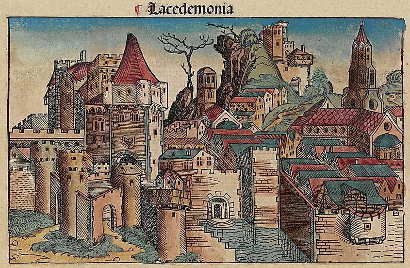 Medieval depiction of Sparta from the Nuremberg Chronicle .