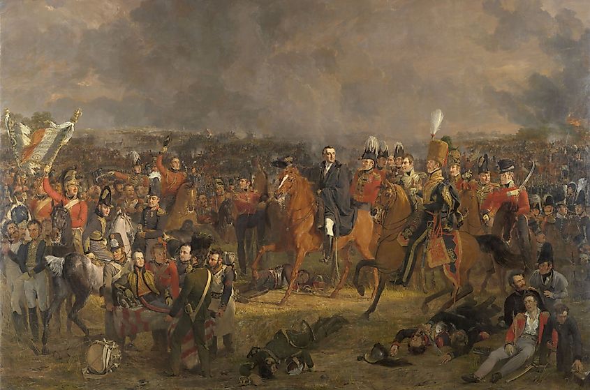 An oil painting of the Battle of Waterloo depicting the Duke of Wellington and his army.