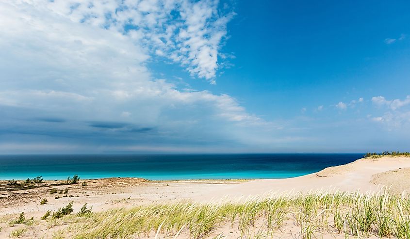 Azure blue skys and the waters of Lake Michigan are the background at Sleeping Bear Dunes National Lakeshore in Glen Haven Michigan