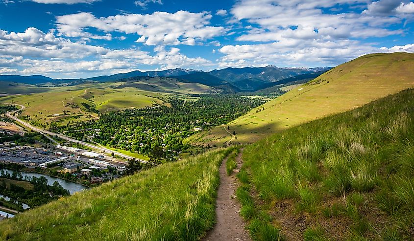 Trail and view of Missoula from Mount Sentinel, in Missoula, Montana.