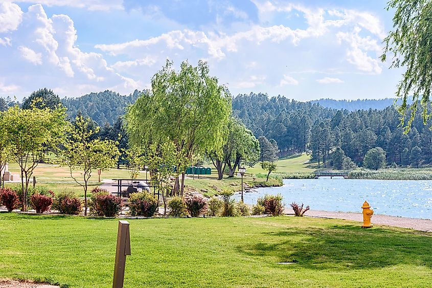 Beautiful green park with fountains and water lake, Ruidoso, New Mexico