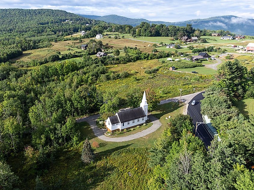 Drone shot of St Matthew's Church in Sugar Hill New Hampshire.