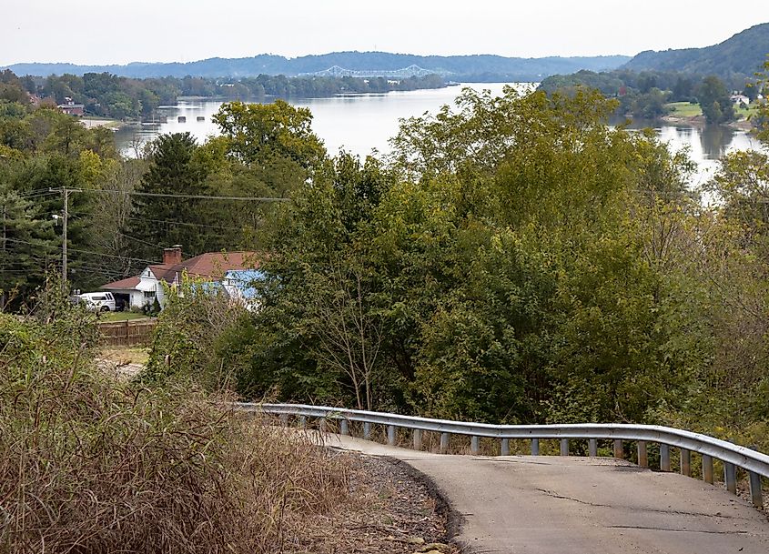 View from a hilly road in Gallipolis looking up the Ohio River towards the Silver Memorial Bridge separating Ohio and West Virginia across the river.