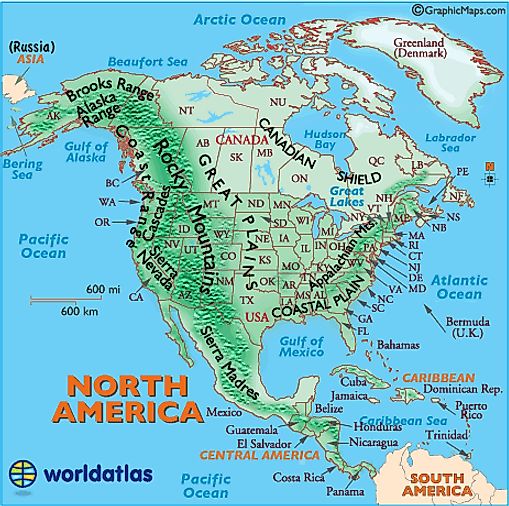 Landforms of North America, North American Mountain Ranges, Physical map of North America, United States Mountains