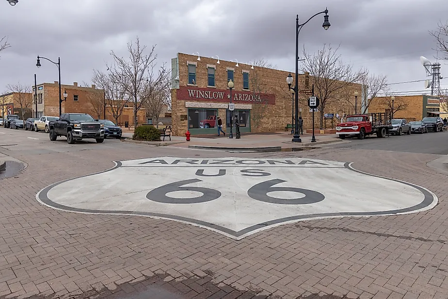 The Route 66 street sign in Winslow, Arizona, marking one stop along the 2,400 mile route. Credit: Marcus Finn Saunders/ Shutterstock.com