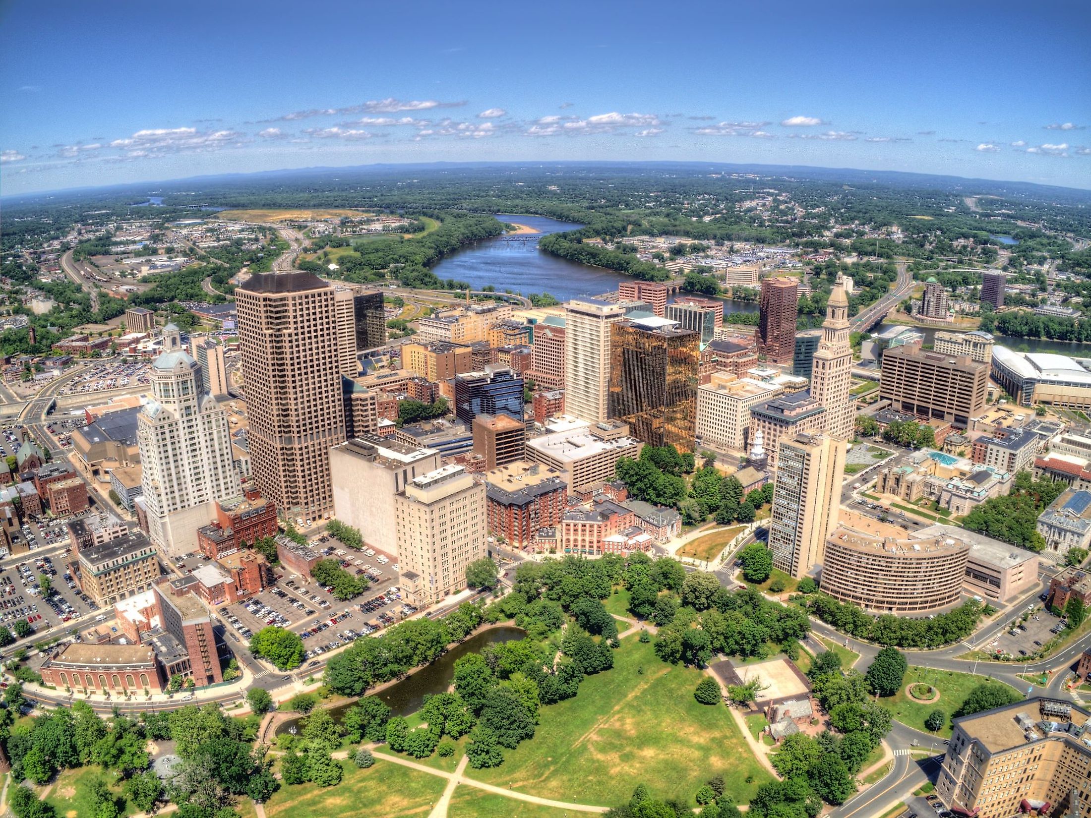 Downtown Hartford, Connecticut skyline seen in summer by drone. 