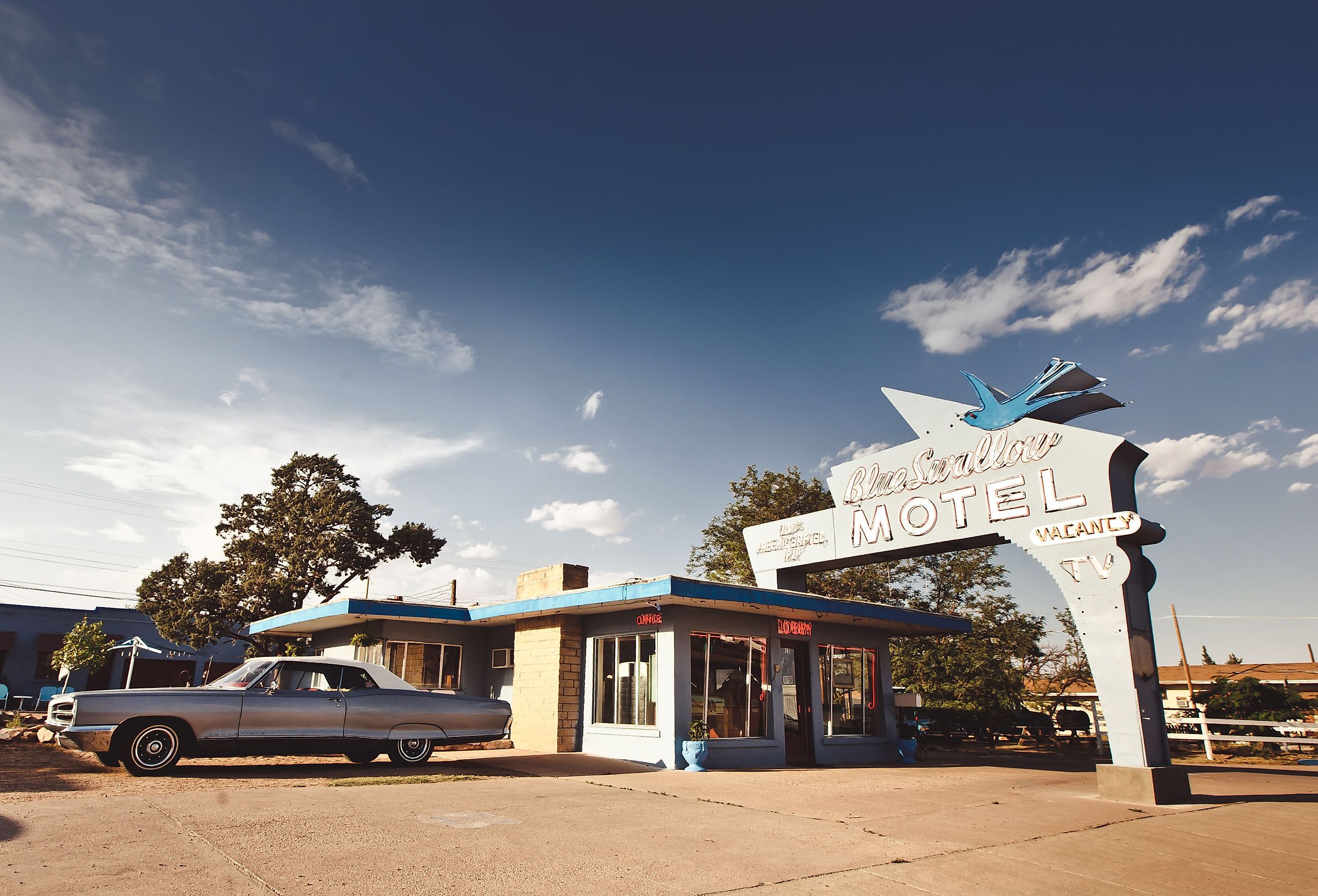 Blue Swallow Motel on Historic Route 66 in Tucumcari, NM. Image credit Andrey Bayda via Shutterstock.