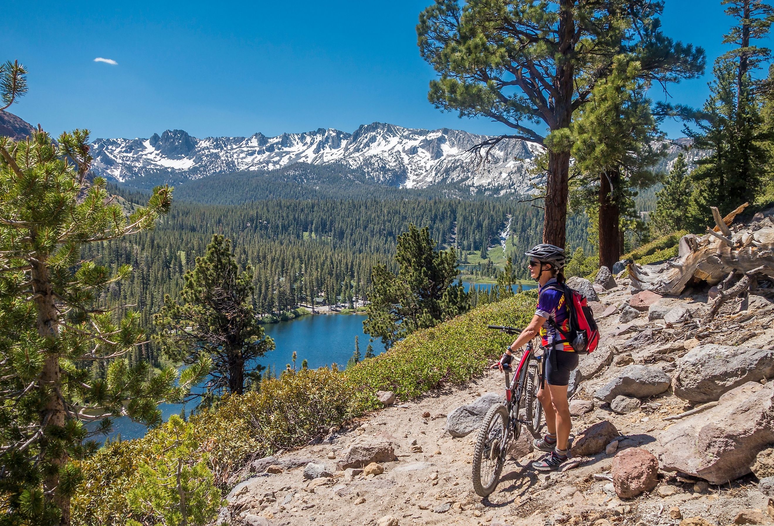 Woman on mountain bike taking in the view in Mammoth Lakes, California.
