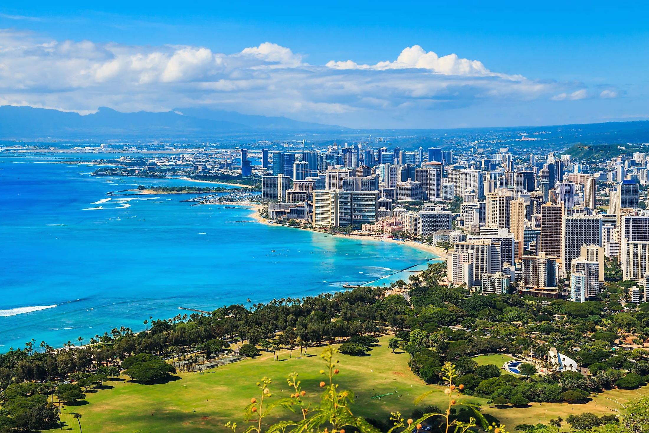 Skyline of Honolulu, Hawaii and the surrounding area including the hotels and buildings on Waikiki Beach. 