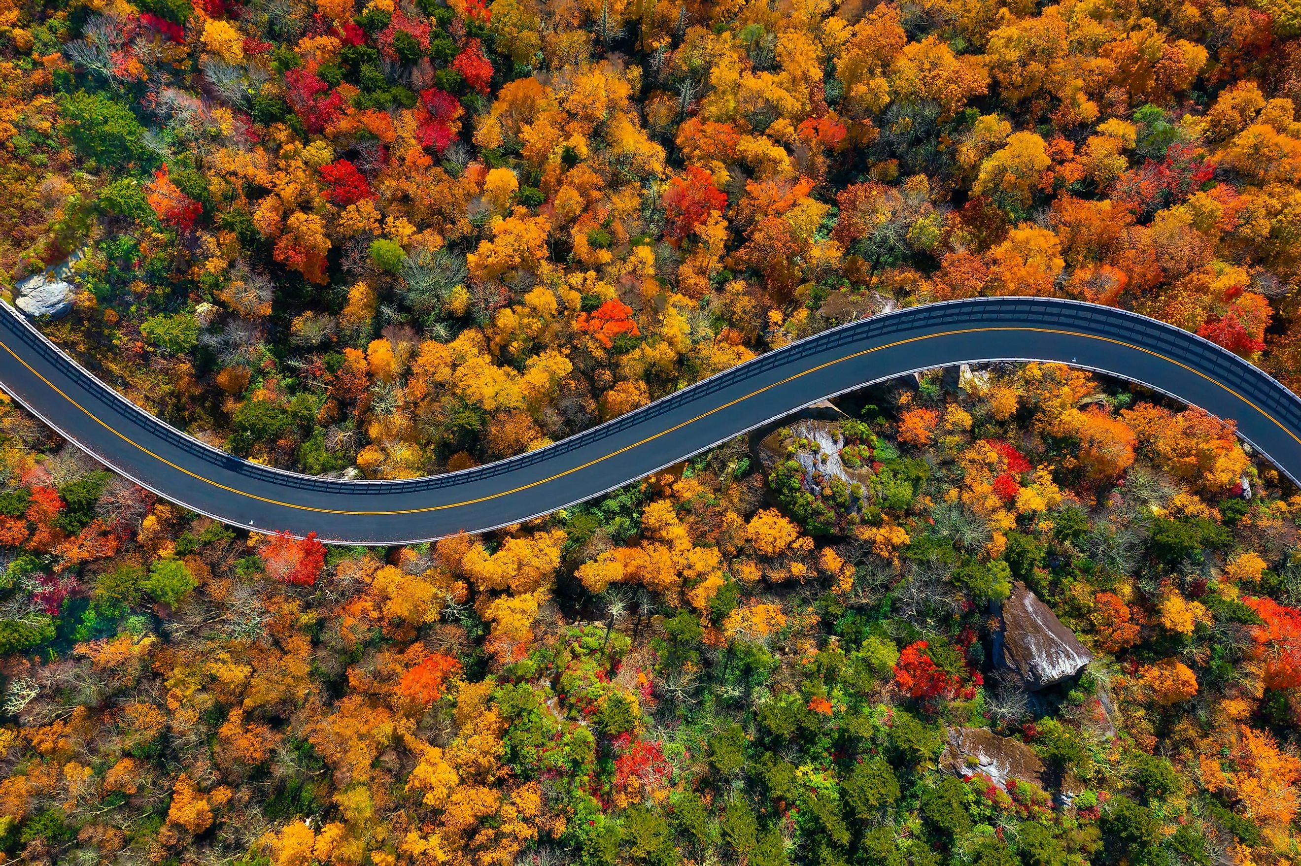 Top-down view of Blue Ridge Parkway mountains in North Carolina during Fall.