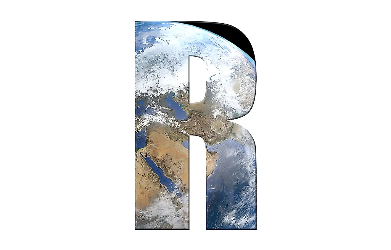 The Letter "R" decorated in the features of Planet Earth.