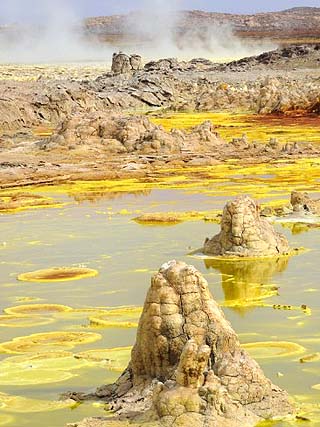 Sulfuric acid pond and fumarole at Dallol maar in Ethiopia