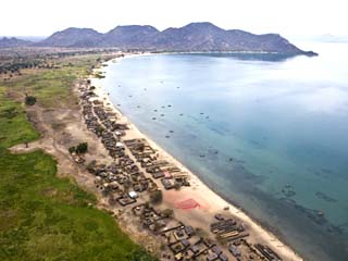 Aerial View of a Village Along the Coast of Lake Malawi