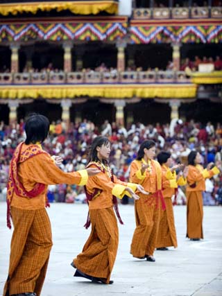 Dancers in Traditional Costume, Autumn Tsechu (Festival) at Trashi Chhoe Dzong, Bhutan, Asia