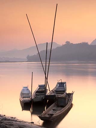 Boats on Mekong River at Sunset, Luang Prabang, Laos