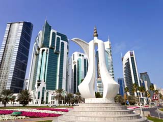 Coffee Pot Monument and New Skyline of West Bay Central Financial District of Doha, Qatar