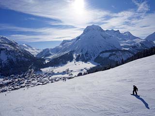 Snow-Boarder on Piste at Lech Near St. Anton Am Arlberg in Winter Snow, Austrian Alps