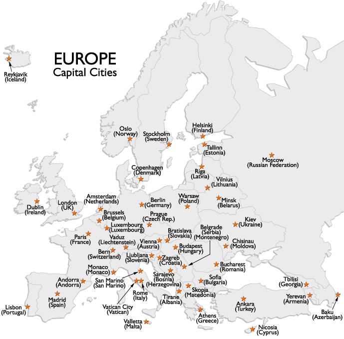 Capital Cities Map Of Europe