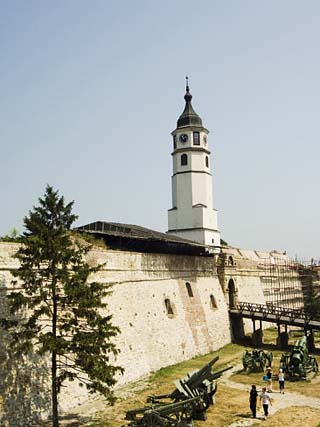 Clock Tower and Modern Military Cannon in the Grounds of the Kalemegdan Citadel, Belgrade, Serbia
