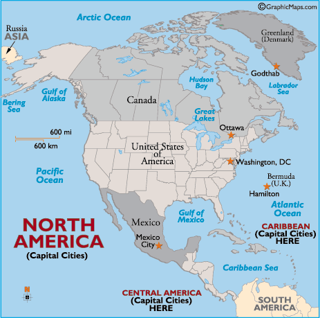 Outline Map of North America, North American Countries, Capitals of North 