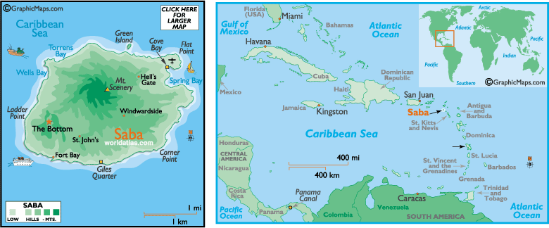 Saba Map, Caribbean Islands