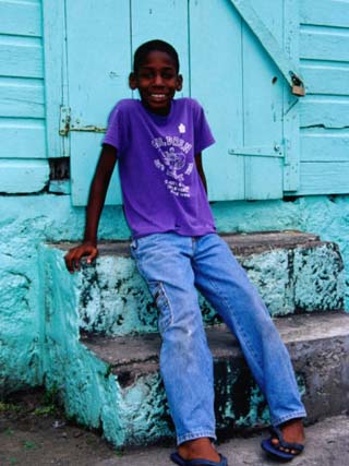Portrait of Young Boy on Steps, Basseterre, St. Kitts & Nevis