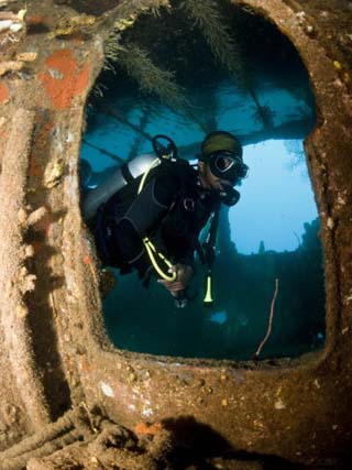 Diver Inside Wreck of Lesleen M Freighter, Sunk in 1985 in Anse Cochon Bay, St Lucia