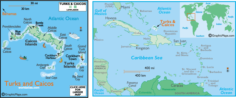 Map of Turks and Caicos, Caribbean Islands