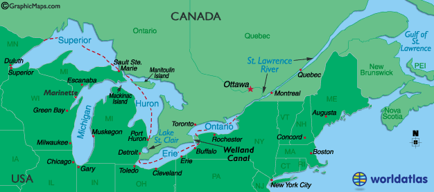 Outlined Map of Great Lakes,Canada, St.Lawrence River and United States