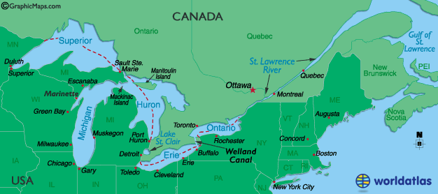 Outlined Map of Great Lakes,Canada, St.Lawrence River and United States 