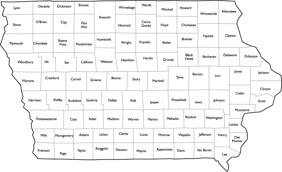 Iowa County Map with County Names
