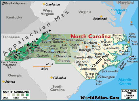 Printable   World on Maps  Physical Map Of North Carolina Landforms Weather   World Atlas