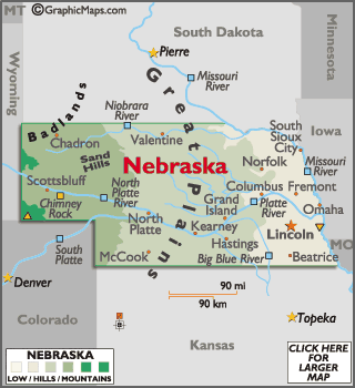 Nebraska  on Nebraska Landforms Map   Nebraska Rivers Lakes And Mountains