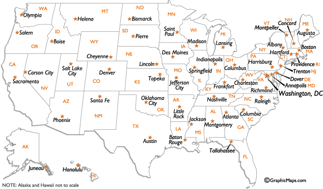 map of 50 states with capitals. How many of the 50 states have