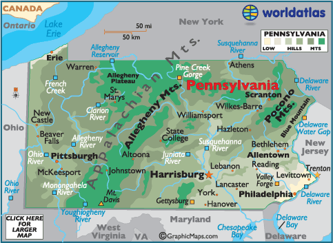 Physical   World on Counties  Physical Map Of Pennsylvania Landforms History   World Atlas
