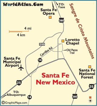 map fe santa mexico ski attractions opera worldatlas print loretto chapel