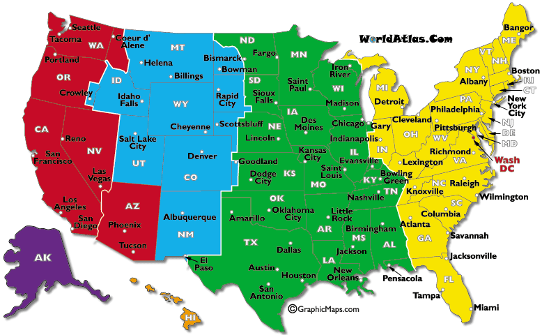 current dates and times in u.s. states map