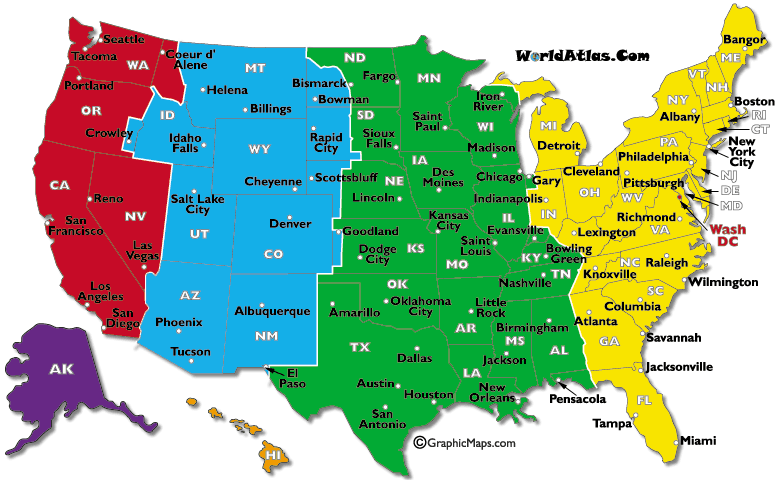 Current Dates and Times in U.S. States Map