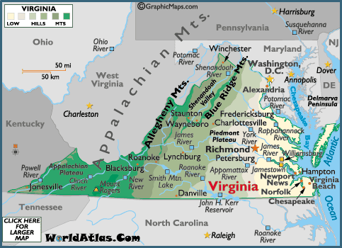 virginia map va cities worldatlas showing detailed richmond mountain
