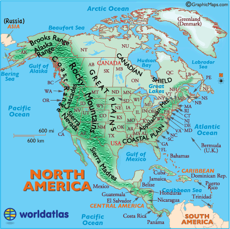 physical map of us and canada. Physical map of North