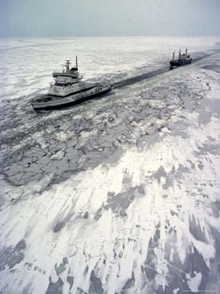 Finland, Ice-Breaker Making Way for Freighter in Northern Section of Gulf of Bothnia