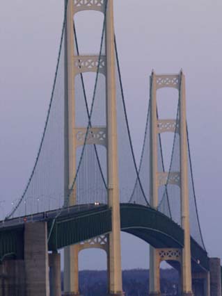 Michigan, Saint Ignace, the Mackinac Bridge Catches the Last Sunlight of the Day