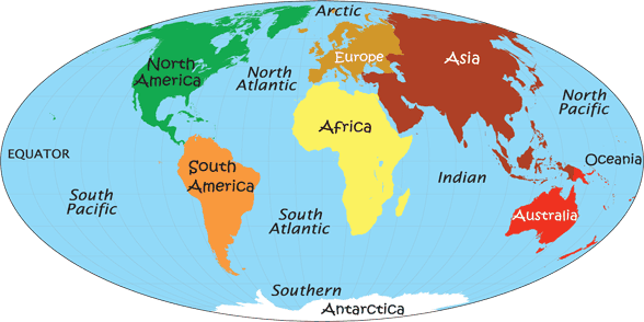 World Map With Continents And Oceans Identified