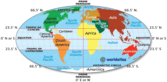 World Map with Longitude and Latitude, Tropic of Cancer and Capricorn, Equator Map, Prime Meridian