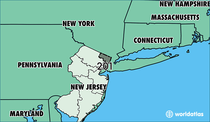 Map of New Jersey with area code 201 highlighted