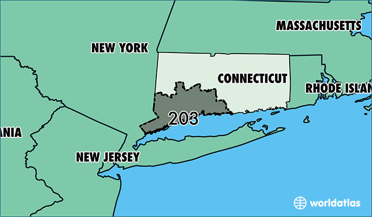 Map of Connecticut with area code 203 highlighted