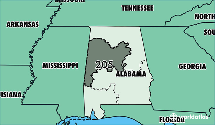 Map of Alabama with area code 205 highlighted