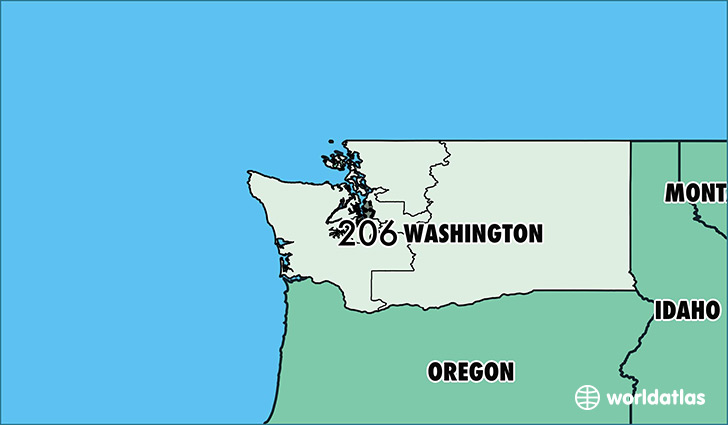 Map of Washington with area code 206 highlighted